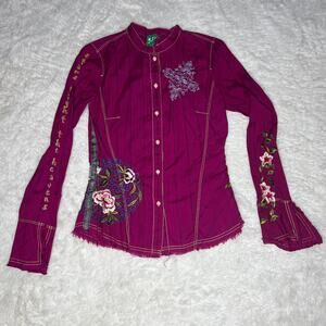 3J Workshop Johnny Was JWLA Pink Heavy Embroidery Floral Lyrics Button Up Shirt